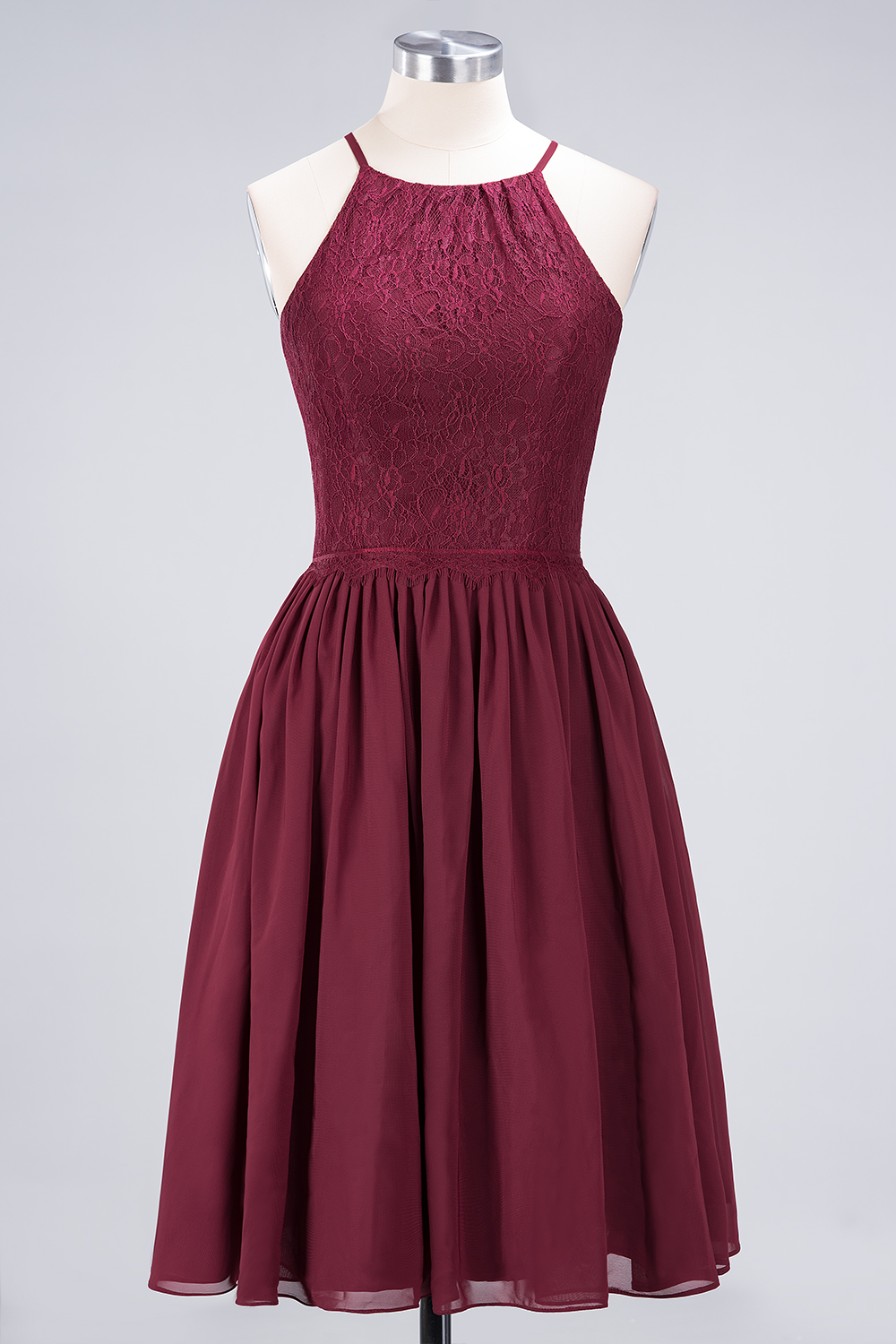 A-line Light Chiffon Lace Jewel Sleeveless Knee-Length Bridesmaid Dress UKes UK UK with Ruffles