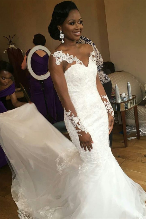 Jewel Lace Sheer-Neck Illusion Appliques Sexy Mermaid Long-Sleeve Nigeria Wedding Dresses UK