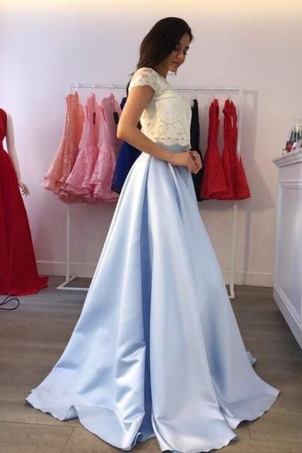 Lace Appliques Jewel Prom Dress UKes UK Two Piece Ruffles Sleeveless Evening Dress UKes UK