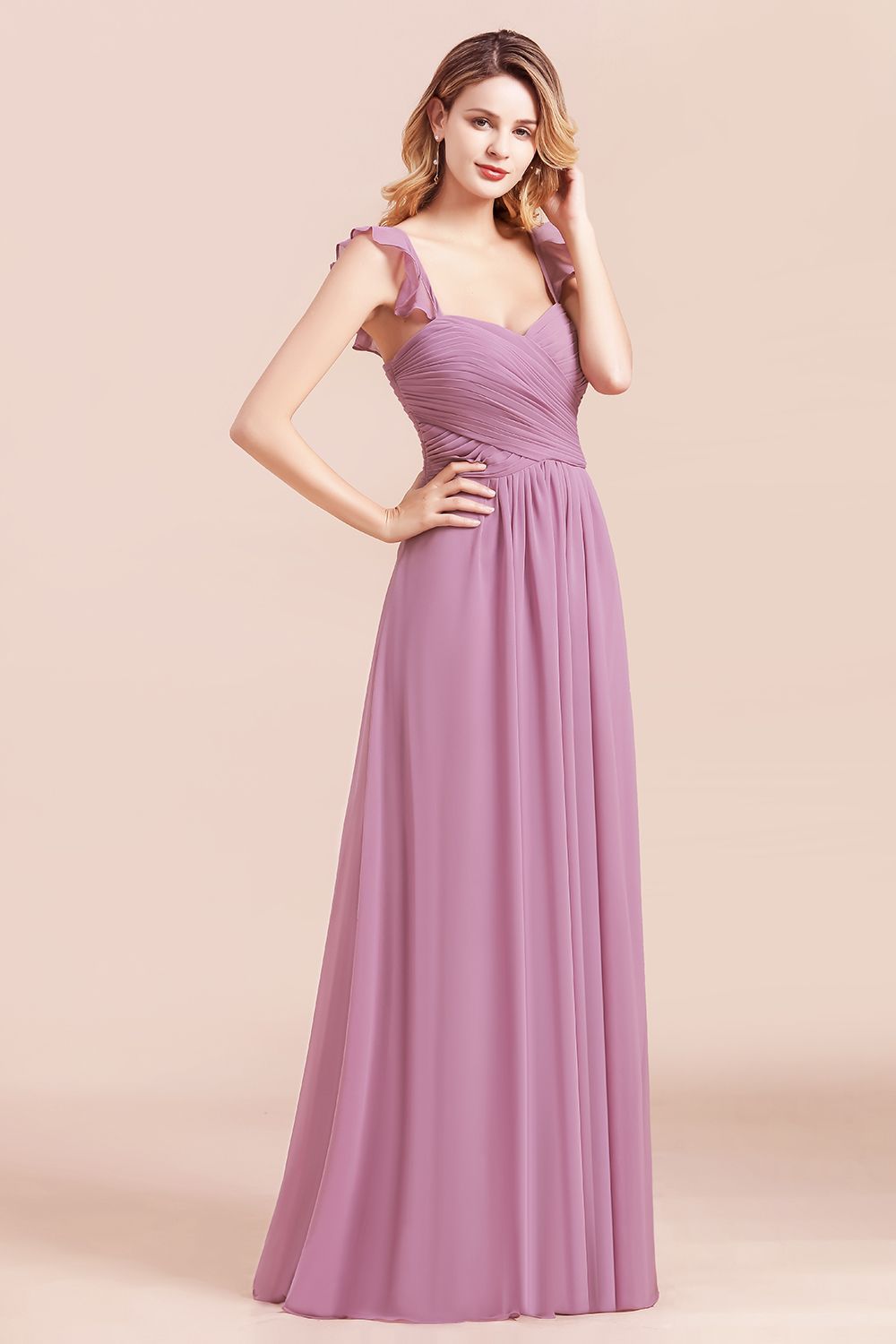 Sweetheart Wisteria Ruched Chiffon Bridesmaid Dresses with Straps