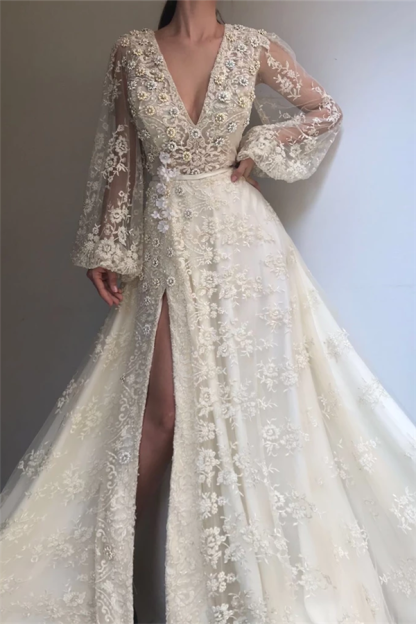 Sexy Tulle Lace Beaded Long Sleeve Prom Dress | V-Neck Beaded Slit Evening Dress UK