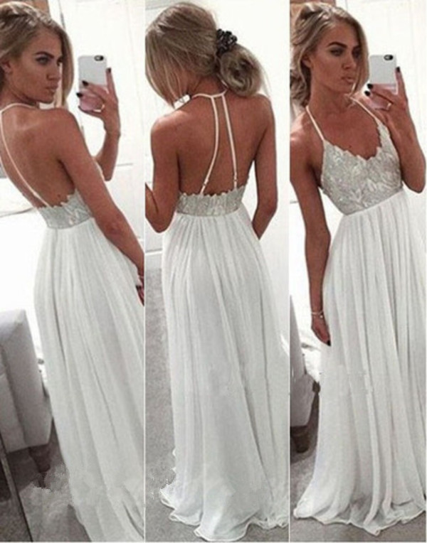 Spaghetti-Strap A-Line White Summer Long Chiffon Open-Back Lace Prom Dress UK BA2815