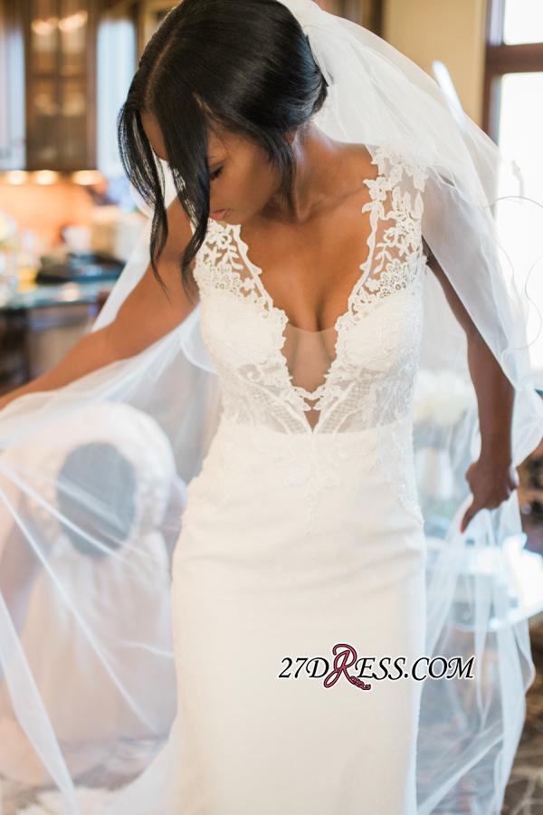 Lace Buttons Sexy Mermaid Appliques Crystal Long-Sleeves Elegant Wedding Dress