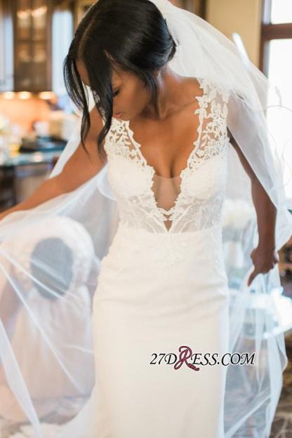 Lace Buttons Sexy Mermaid Appliques Crystal Long-Sleeves Elegant Wedding Dress