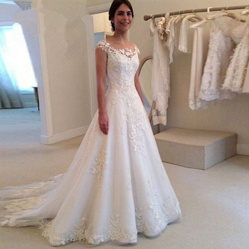 Elegant Cap Sleeve Lace Appliques Wedding Dresses UK A-Line Zipper Button Bridal Gowns