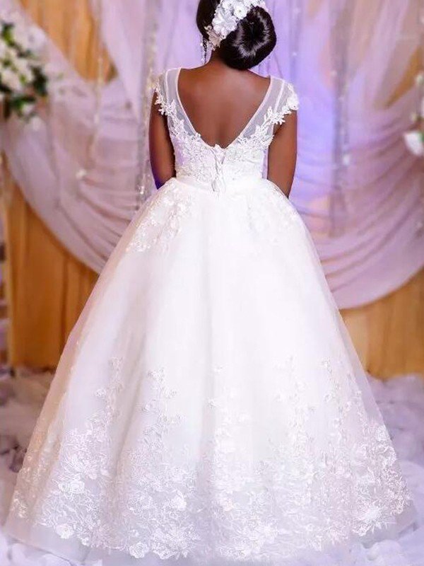 Ball Gown Applique Floor-Length Tulle Sleeveless Scoop Neckline Floor-Length Wedding Dresses UK