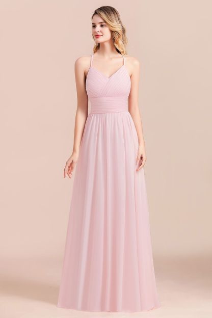 Spaghetti Straps Pink Chiffon A-line Bridesmaid Dress