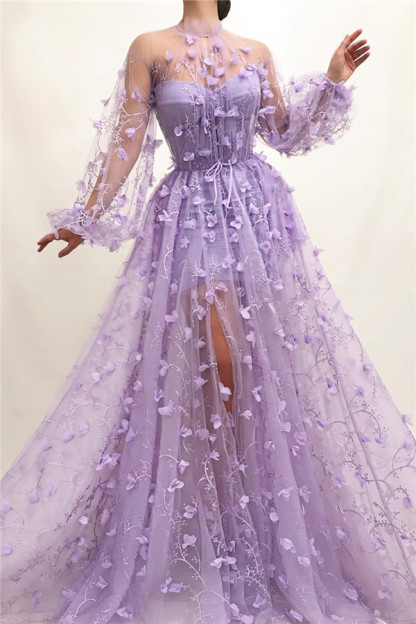 Tulle High Neck Sexy Slit Evening Dress UK Cheap | Stylish Appliques Flowers Long Sleeve Prom Dress