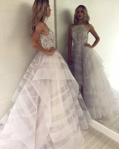 Sexy A-line Appliques Halter Sleeveless Long Length Prom Dress UK