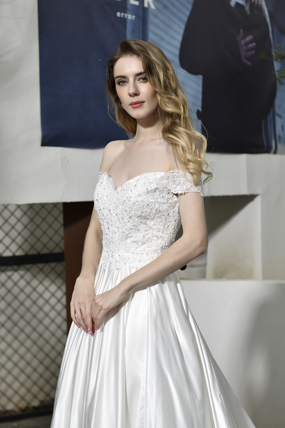 Off-the-Shoulder Satin Wedding Dress Aline Floral Lace Bridal Gown
