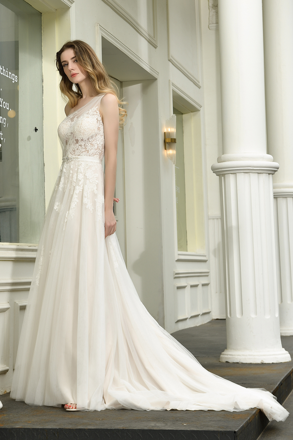 One Shoulder A-line Wedding Dress Lace Appliques