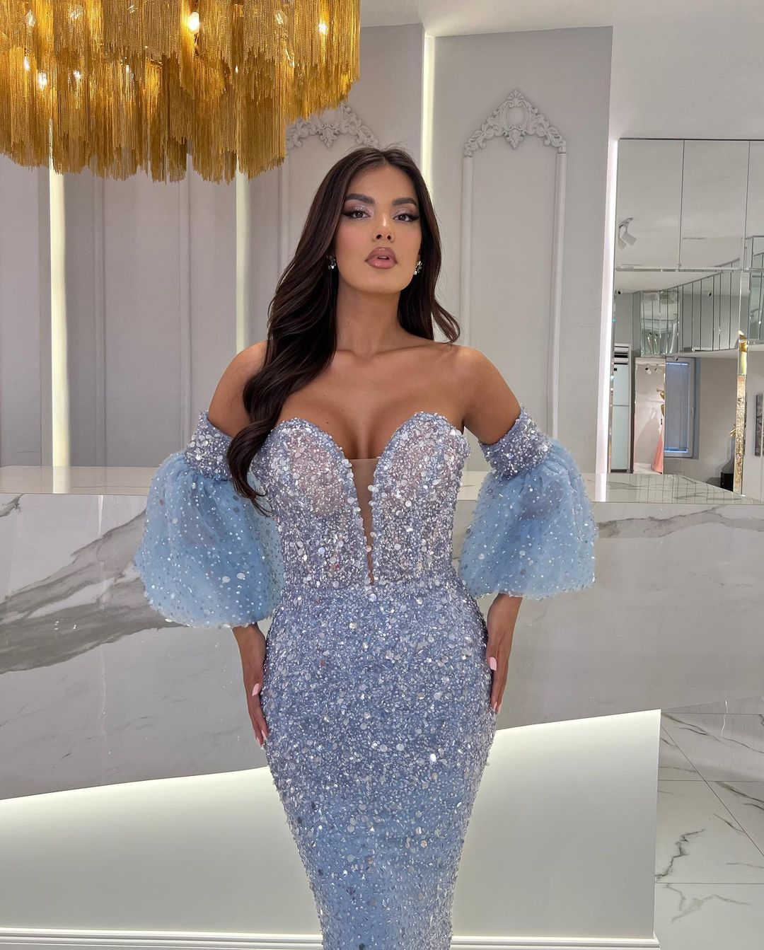 Tea Length Light Blue Beaded Prom Dress Sequins With Puffy Sleeves