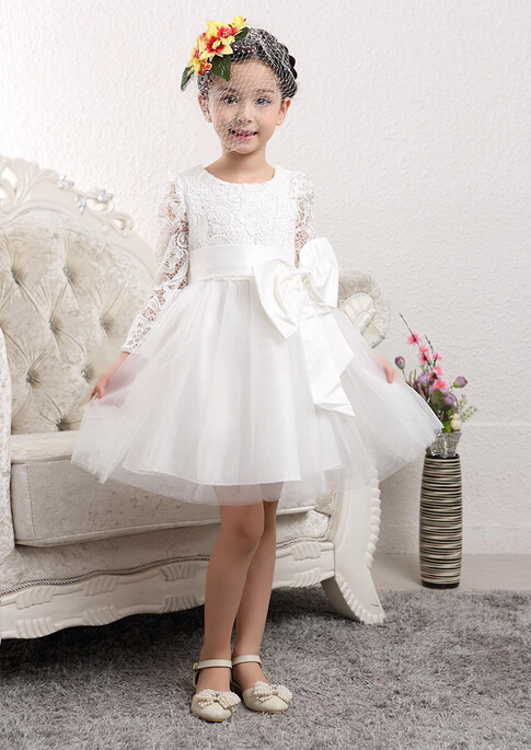 Lovely Tulle Lace Flower Girl Dress Bowknot Long Sleeve Zipper