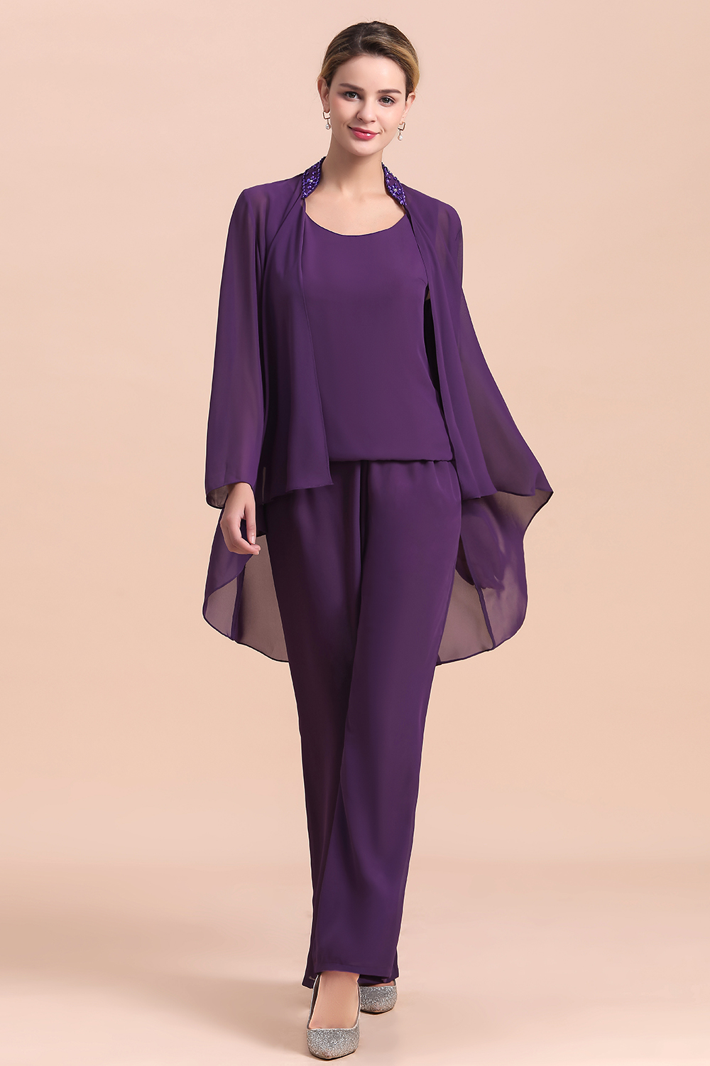 Grape Chiffon Beading Mother of Bride Jumpsuit with Wrap