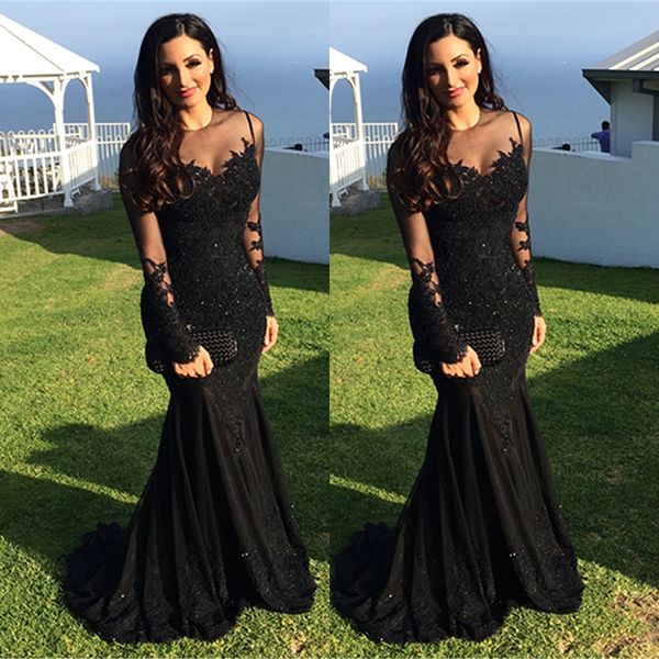 Long-Sleeve Tulle Black Applique Mermaid Elegant Evening Dress UKes UK BA3566-27Dress.co.uk