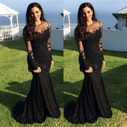 Long-Sleeve Tulle Black Applique Mermaid Elegant Evening Dress UKes UK BA3566-27Dress.co.uk