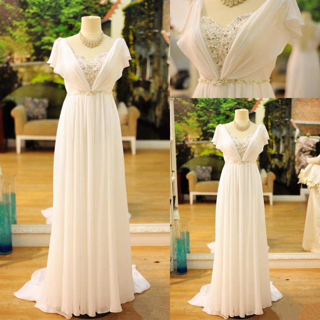 Sexy White Long Chiffon Beading Prom Gown Floor Length Evening Dress UK