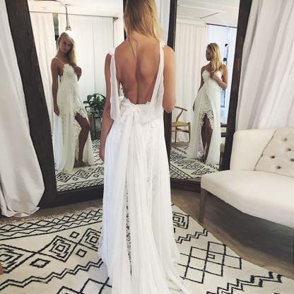 Chic Backless Lace Wedding Dresses UK Simple Side Slit Spaghetti -Strap Bridal Gowns