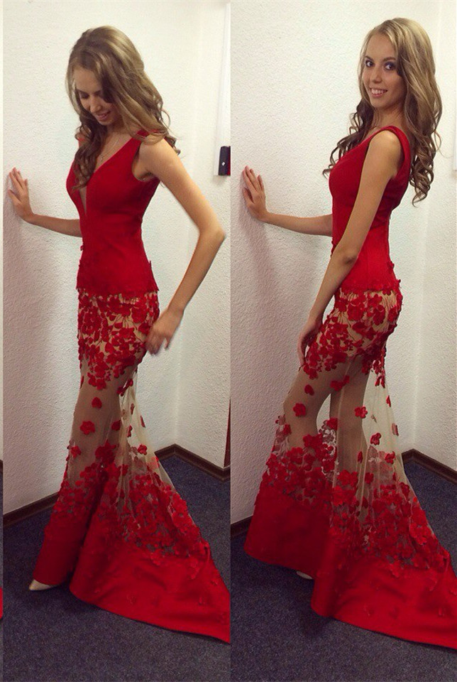 Elegant Red V-Neck Mermaid Prom Dress UKes UK Sheer Skirt long Lace