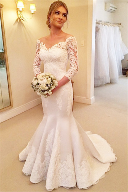 Modern Off-the-shoulder 3/4-longth-sleeve Sexy Mermaid Wedding Dress With Lace Appliques