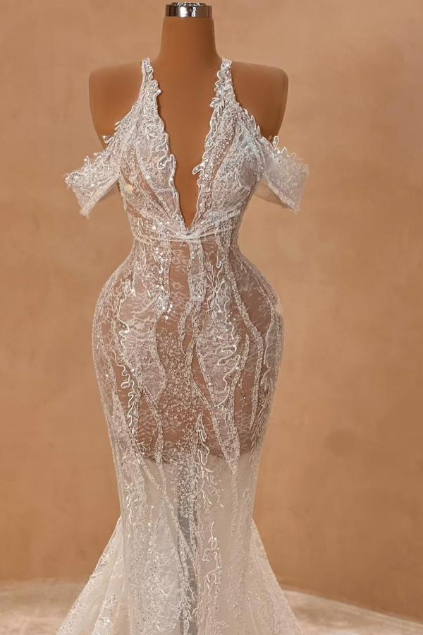 Halter Off-the-Shoulder Floral Lace Trumpet Wedding Dresses V-neck White Mermaid Bridal Gown