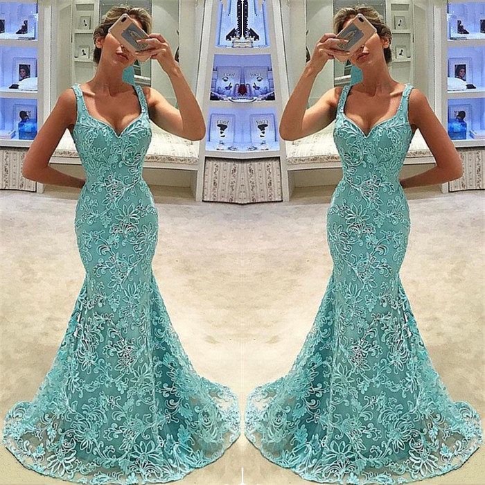 Elegant Mermaid Straps Appliques Sleeveless Long Prom Dress UK