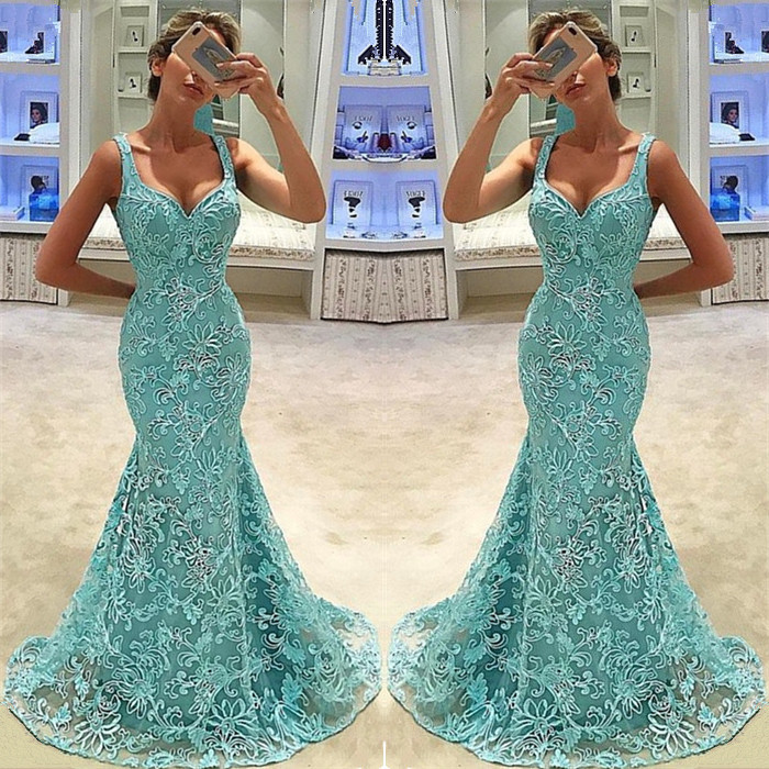 Elegant Mermaid Straps Appliques Sleeveless Long Prom Dress UK
