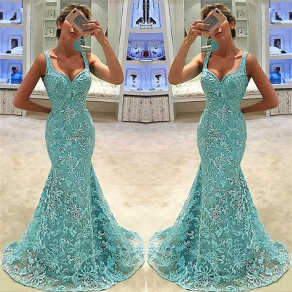Elegant Mermaid Straps Appliques Sleeveless Long Prom Dress UK