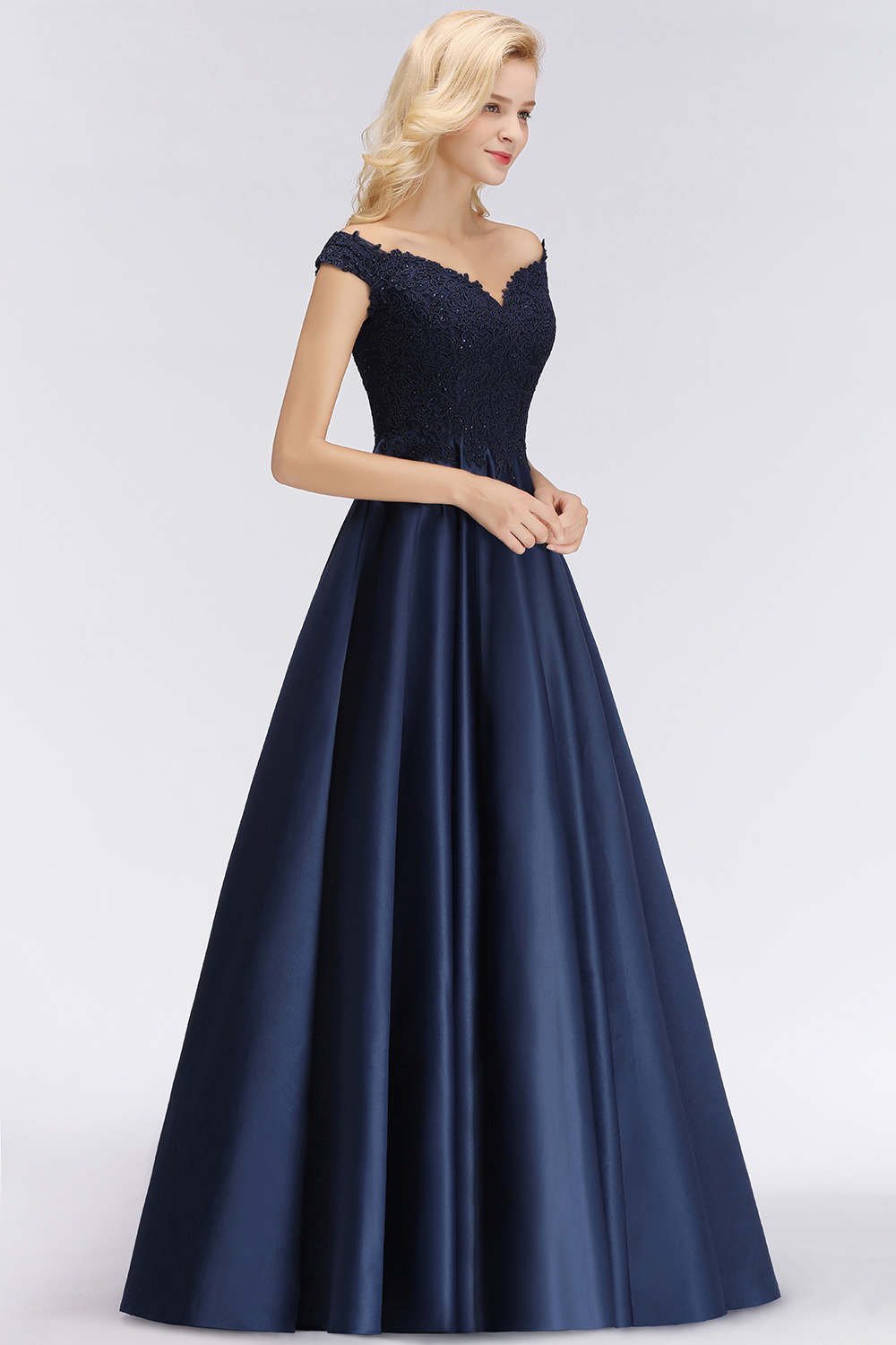 Off-the-Shoulder Navy Blue Satin Long Bridesmaid Dresses-27Dress.co.uk