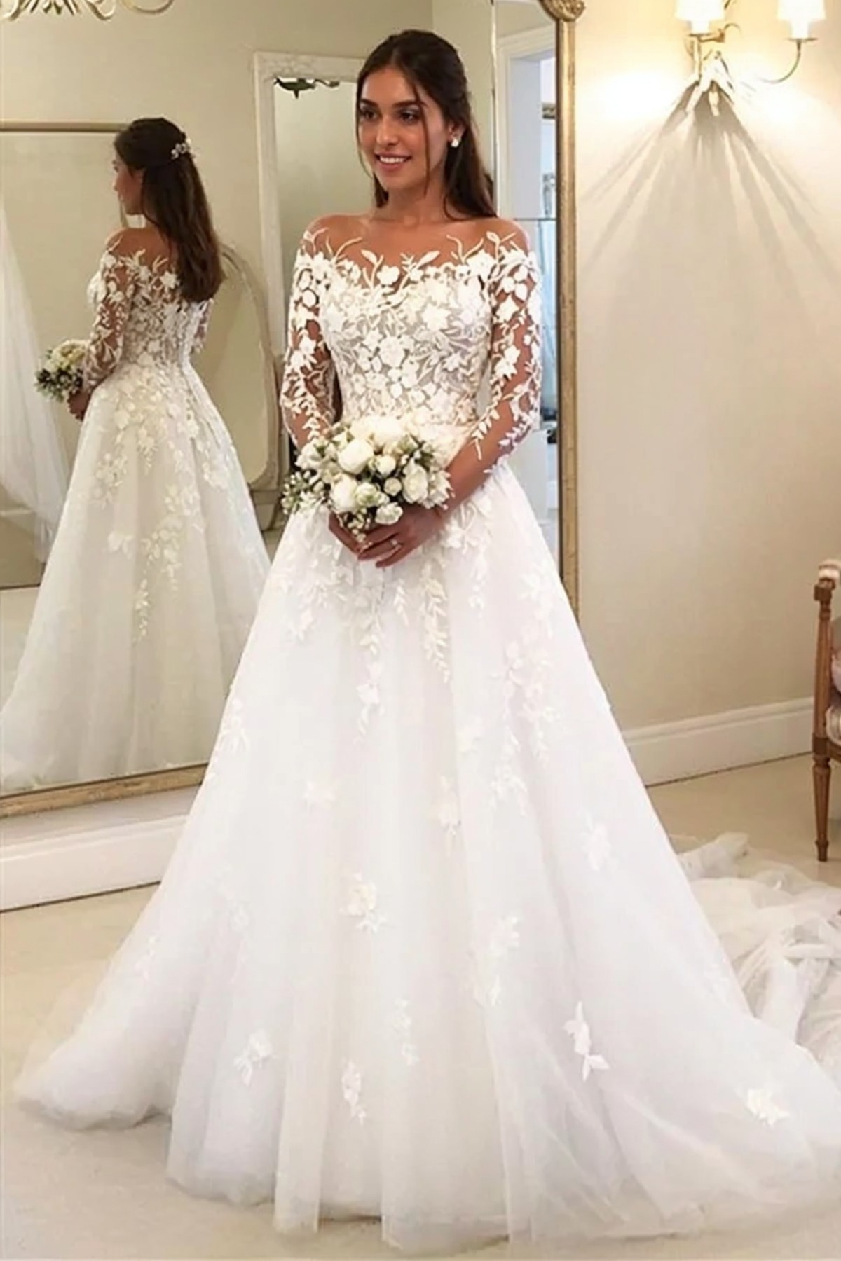 Elegant Long Sleeves Wedding Dress Aline Floral Lace Tulle Bridal Gown