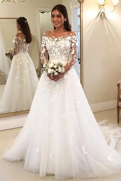 Elegant Long Sleeves Ｗedding Dress Aline Floral Lace Tulle Bridal Gown