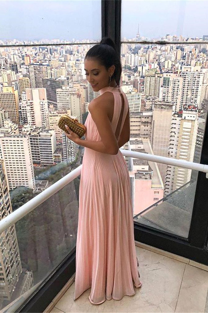 Ruffled Chiffon Keyhole Neckline A-line Long Prom Dresses