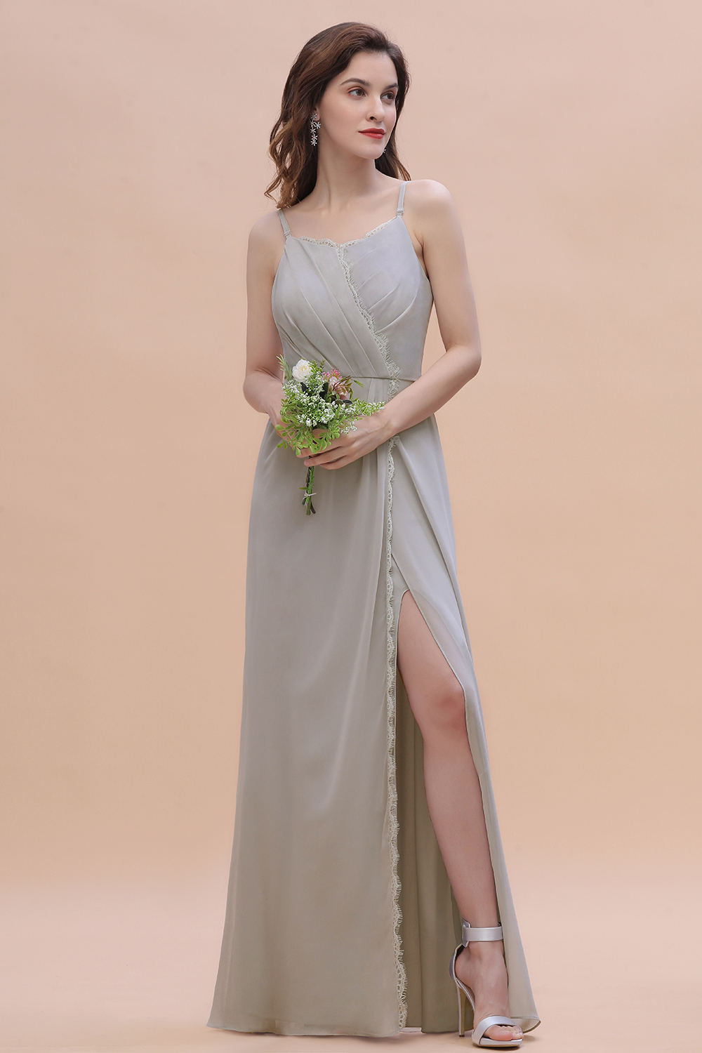 Spaghetti Straps Chiffon Lace Bridesmaid Dress Front Slit Wedding Guest Dress