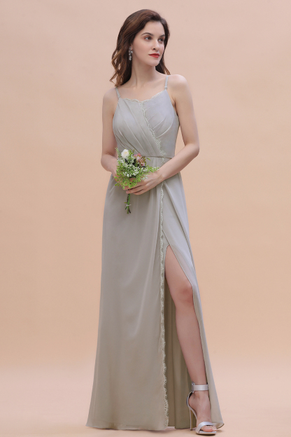 Spaghetti Straps Chiffon Lace Bridesmaid Dress Front Slit Wedding Guest Dress