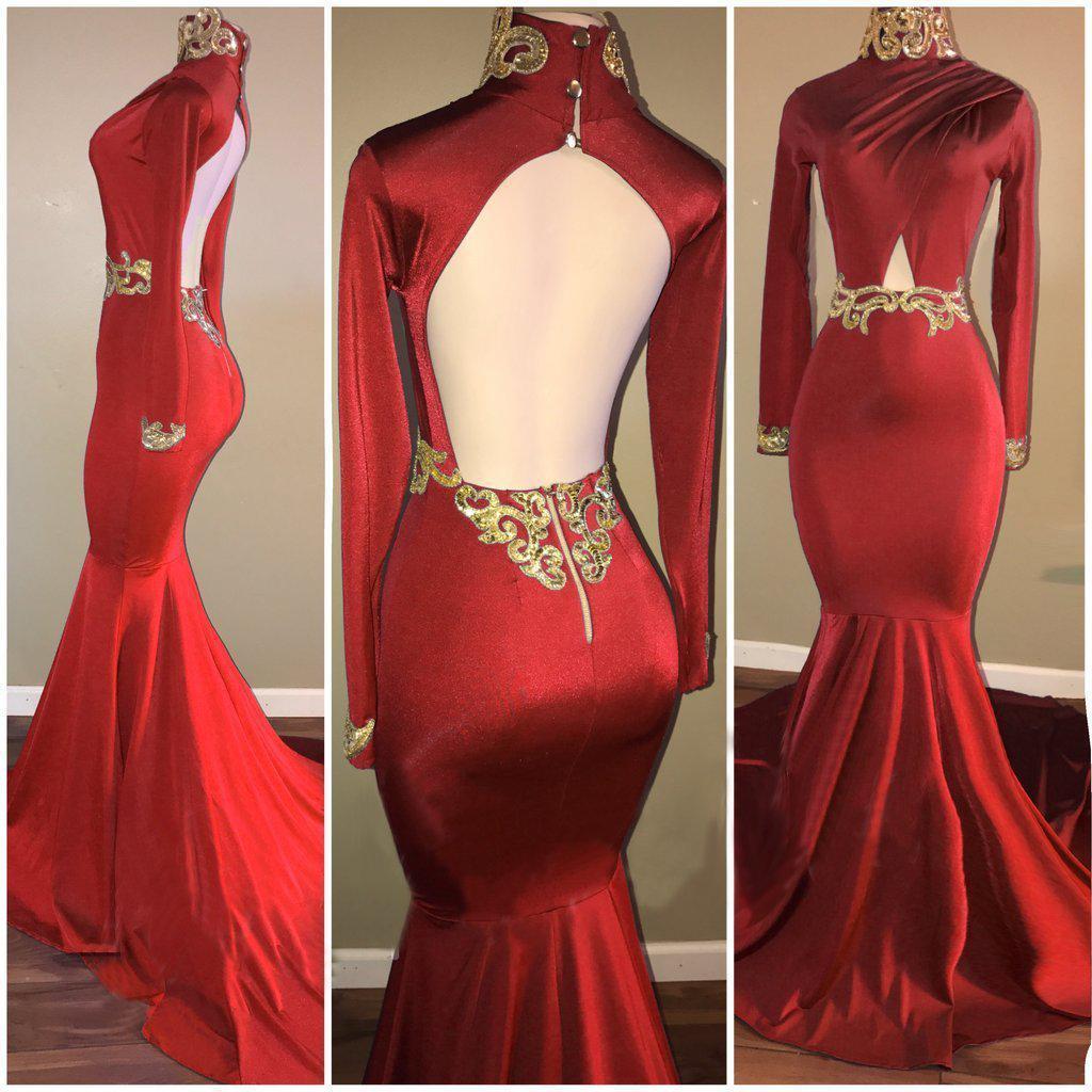Long Sleeves High Neck Hollow Back Elegant Trumpt Prom Dress UKes UK UK