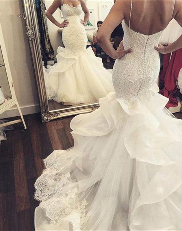 Sexy Mermaid Ruffles Lace Wedding Dress Spaghetti Strap Sleeveless