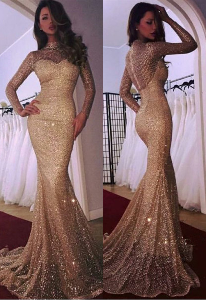 Gorgeous Long Sleeve Evening Dress UK | Mermaid Prom Dress UK With Sequins