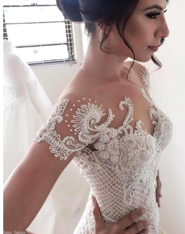 Gorgeous Ball Gown Lace Appliques Wedding Dress Short Sleeve Illusion-27Dress.co.uk