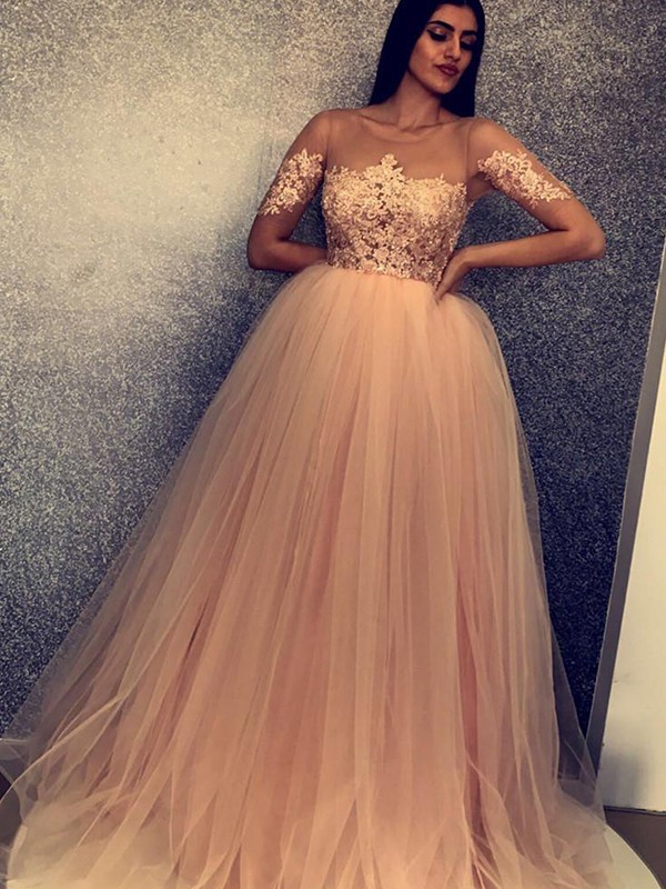 Chic Scoop Short Sleeves Appliques Tulle A-Line Long Prom Dress UKes UK UK