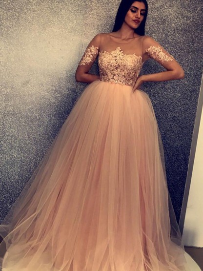 Chic Scoop Short Sleeves Appliques Tulle A-Line Long Prom Dress UKes UK UK