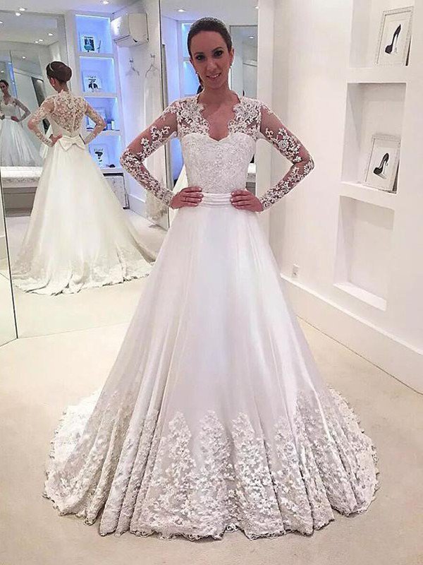 V-Neck Satin A-Line Sweep Train Long Sleeves Wedding Dresses UK-27Dress.co.uk