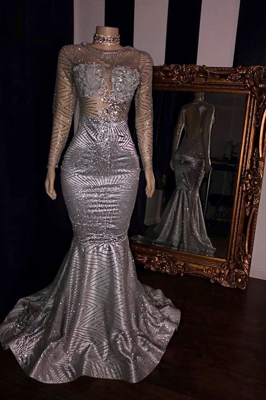 Sexy Lace Appliques Sheer Tulle Prom Dress UKes UK UK | Sliver Long Sleeves Elegant Trumpt Evening Dress UKes UK