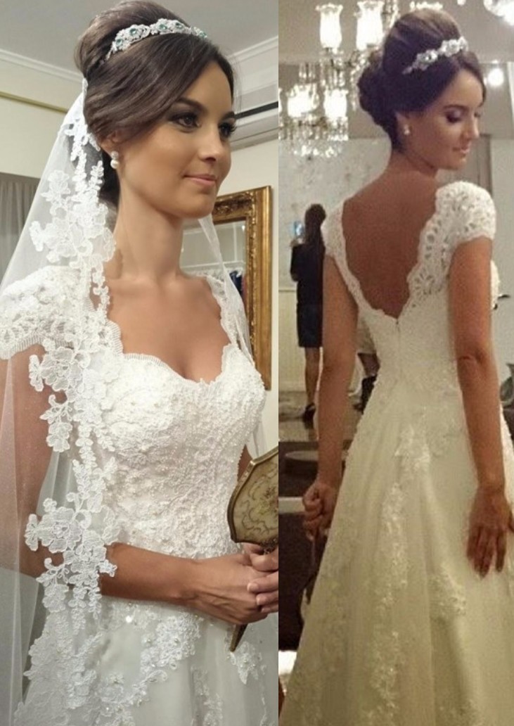 A-line Straps Lace Short-sleeves Modern Zipper Wedding Dress