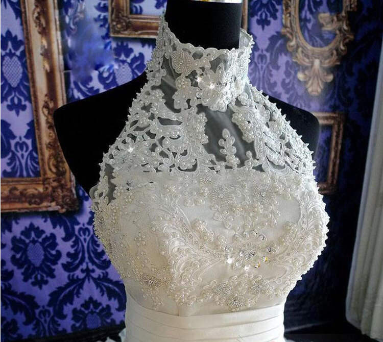 Gorgeous Ruffles Lace High Neck Wedding Dress Court Train Zipper