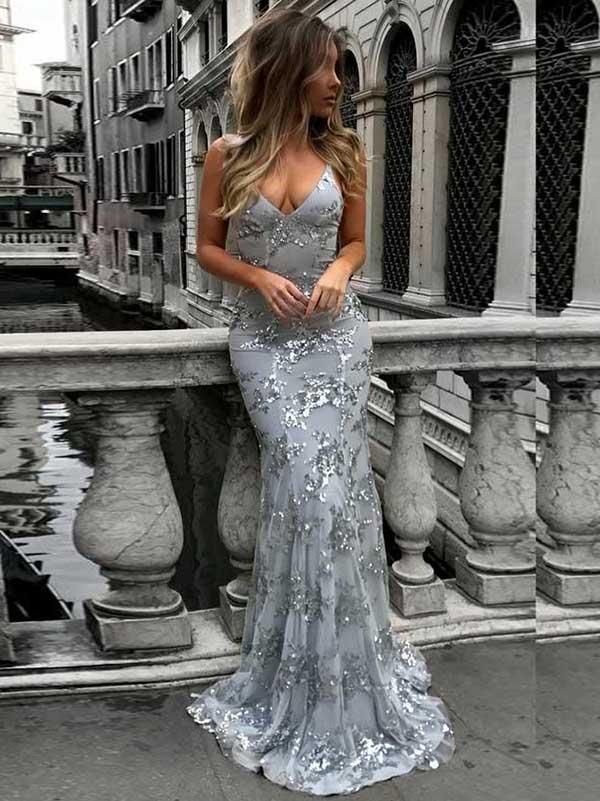 Gorgeous V-neck Long Prom Dress UK Mermaid Sequins Party Dress UK BA7489
