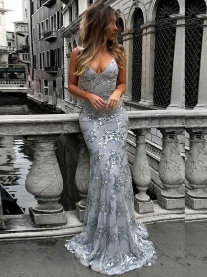 Gorgeous V-neck Long Prom Dress UK Mermaid Sequins Party Dress UK BA7489