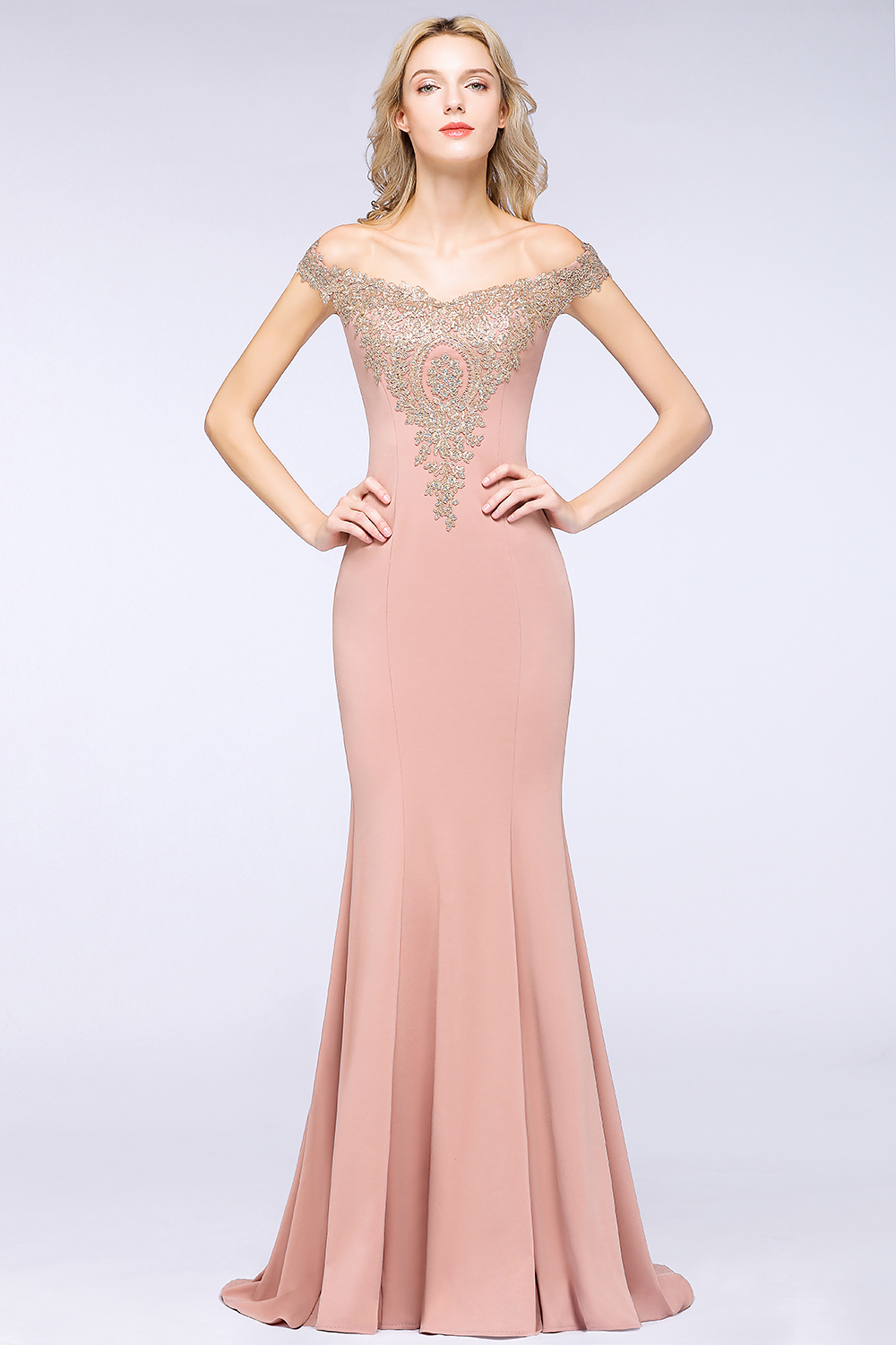 Off-the-Shoulder Mermaid Prom Dress Gold Appliques Long Evening Dress
