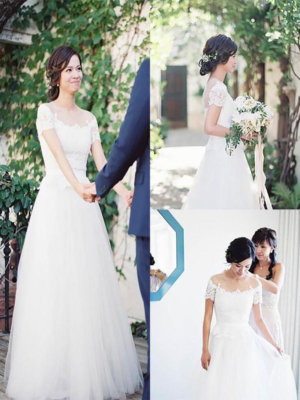 Short Sleeves Sweep Train A-Line Tulle Bateau Wedding Dresses UK