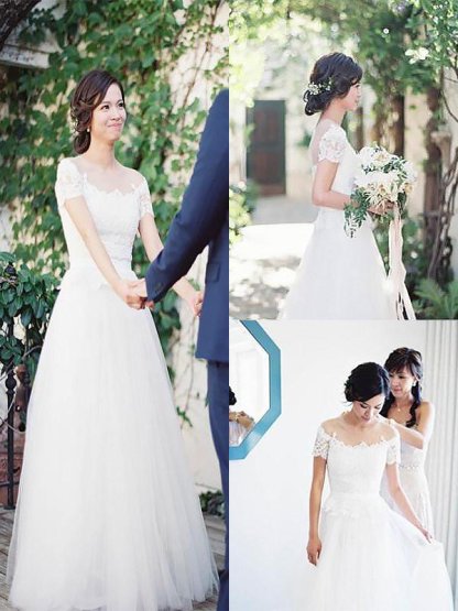 Short Sleeves Sweep Train A-Line Tulle Bateau Wedding Dresses UK