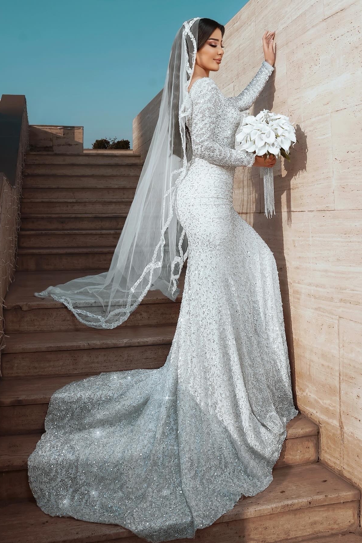 Unique Square Neckline Long Sleeve Sequins Mermaid Wedding Dresses